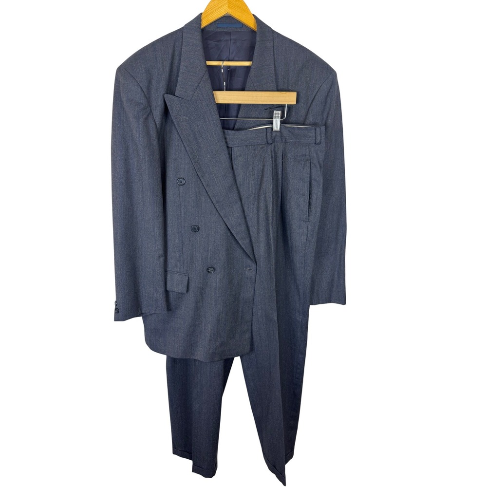 Strellson Mens 46R 36X34 Double Breasted Wool Suit Blue Grey Cernobbio-Lac